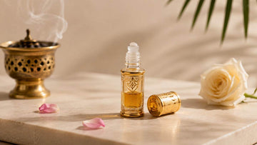 Non-alcoholic attar perfume oil bottle with gold cap and rose petals on a cream surface