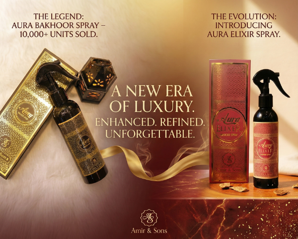 Advertisement for Aura Bakhoor and Aura Elixir sprays with text about sales and luxury.slider_item_zKLkeF