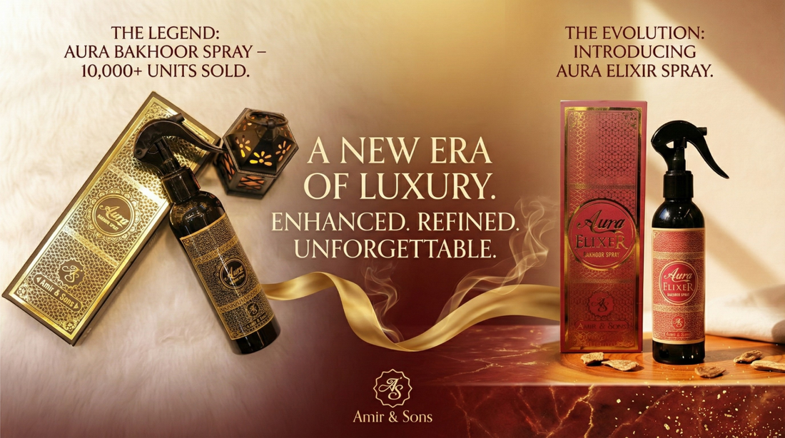 Advertisement for Aura Bakhoor and Aura Elixir sprays with text highlighting their popularity and luxurious nature.