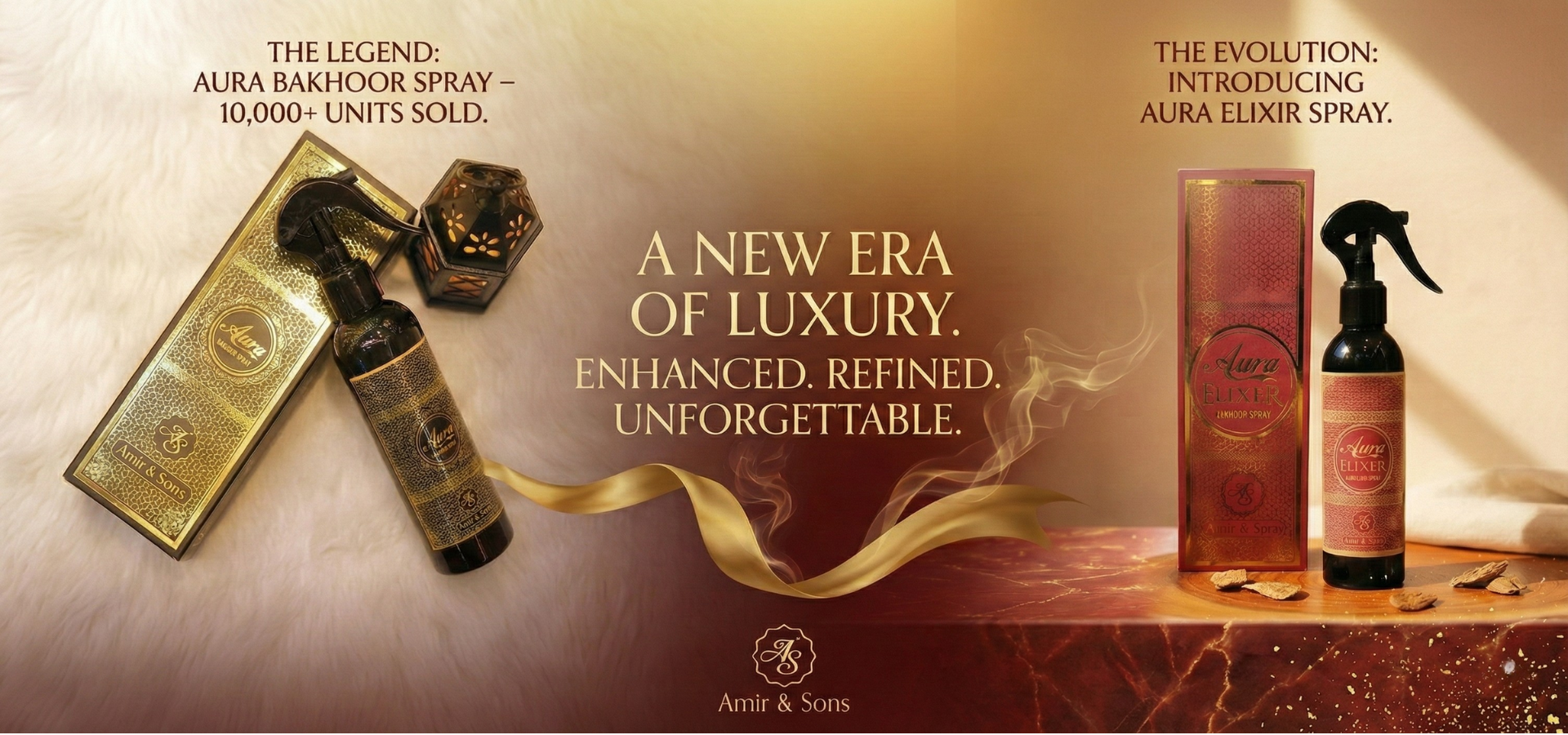 Advertisement for Aura Bakhoor and Aura Elixir sprays with text about sales and luxury.slider_item_zKLkeF